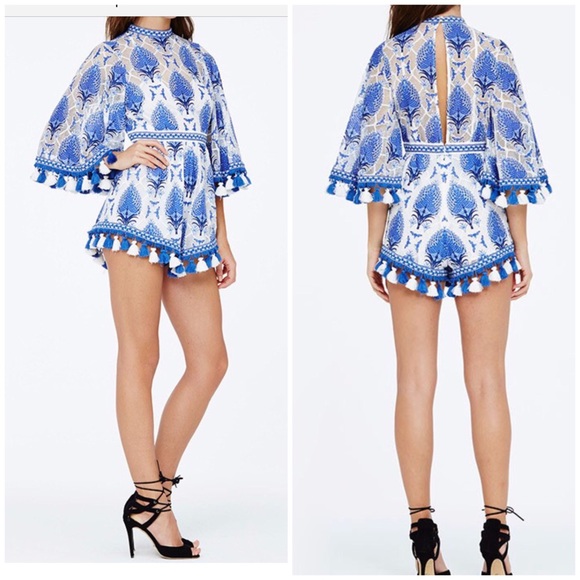 Pants - Blue & White Print Lace Romper with Tassels  NWOT
